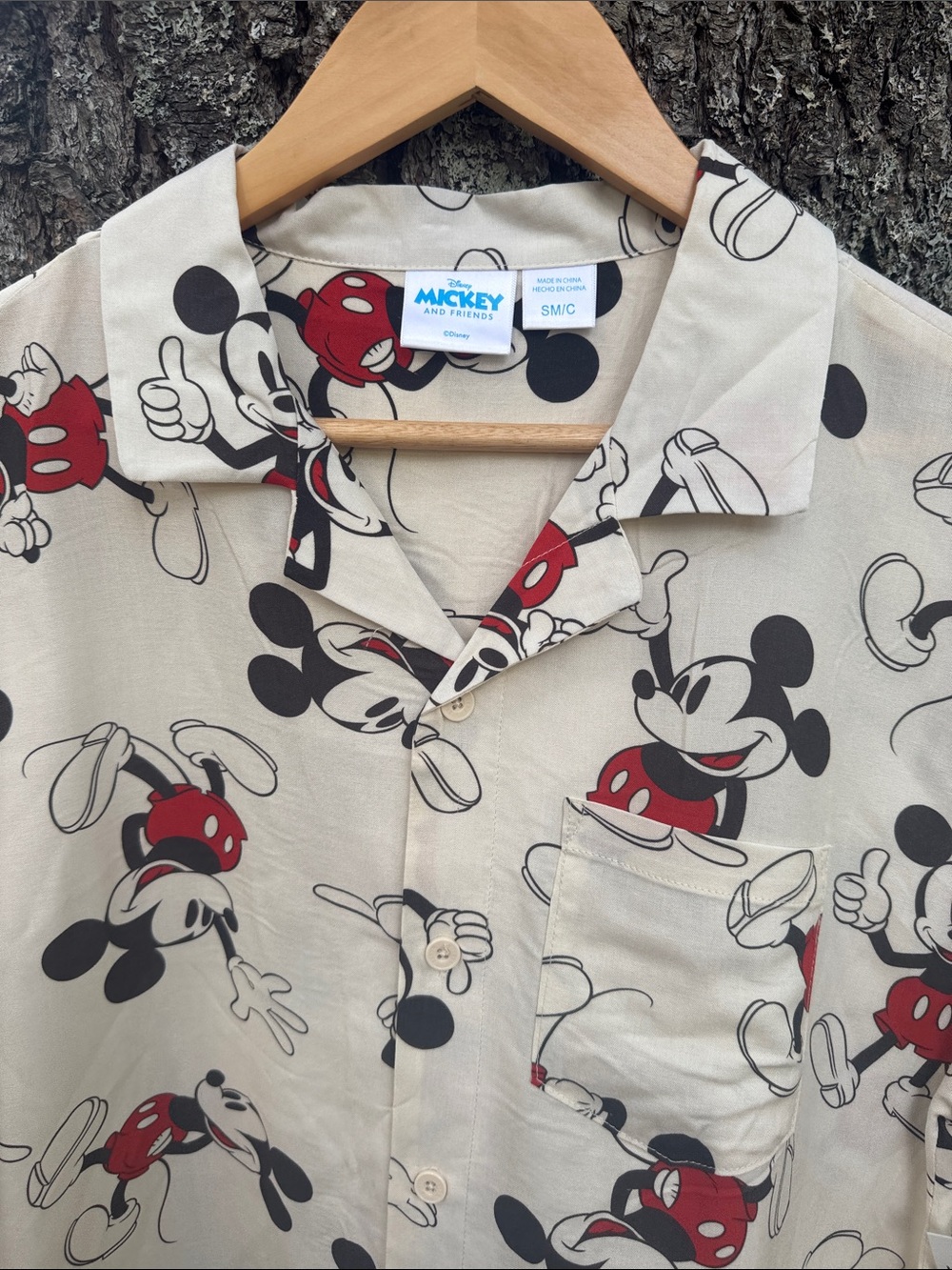 Disney Men's Beige Mickey Mouse Button-Down Shirt with Red & Black Accents
